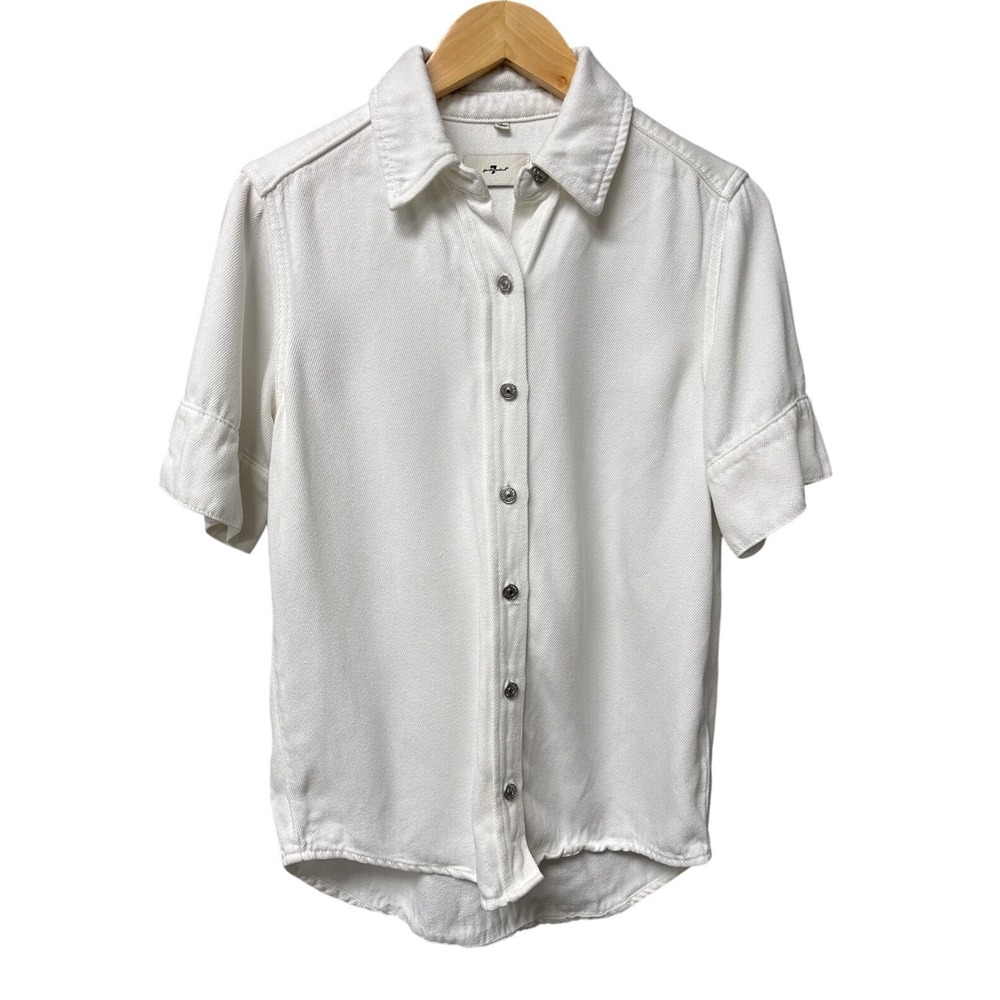 7 For All Mankind Short Sleeve Button Up Shirt Womens S White Resort Casual EUC